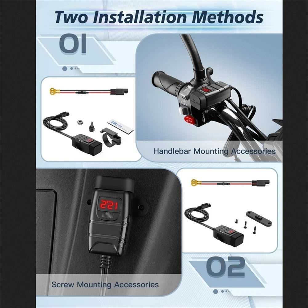 QC 3.0 Motorcycle Dual USB Phone GPS Fast Charger Adapter w/ Red LED Voltmeter