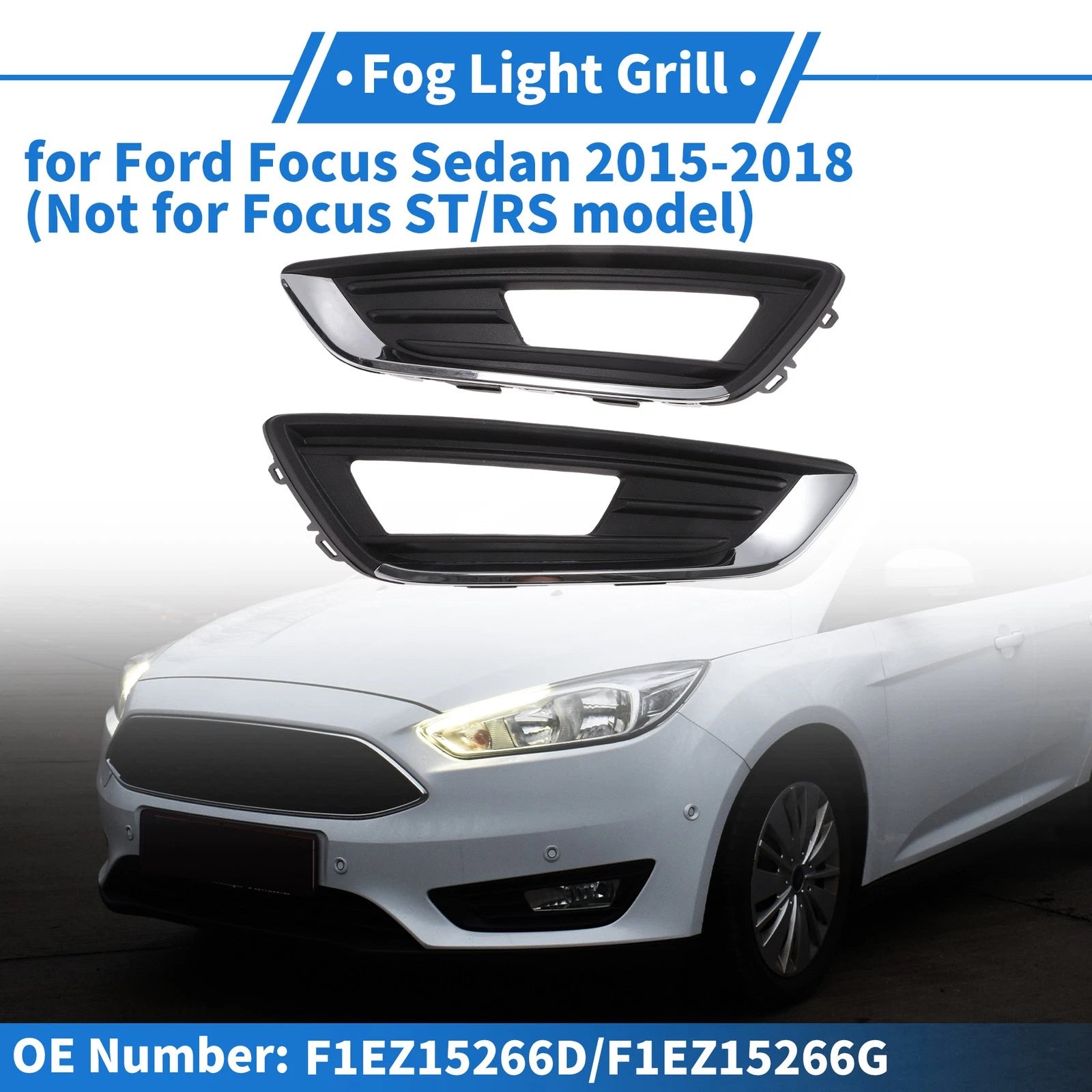 Fog Light Grill Replacement for Ford Focus Sedan (2015–2018) Black Chrome 1 Pair