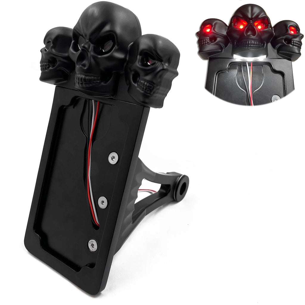 Black Side Mount License Plate Bracket w/ Skull LED Tail Light for Motorcycle