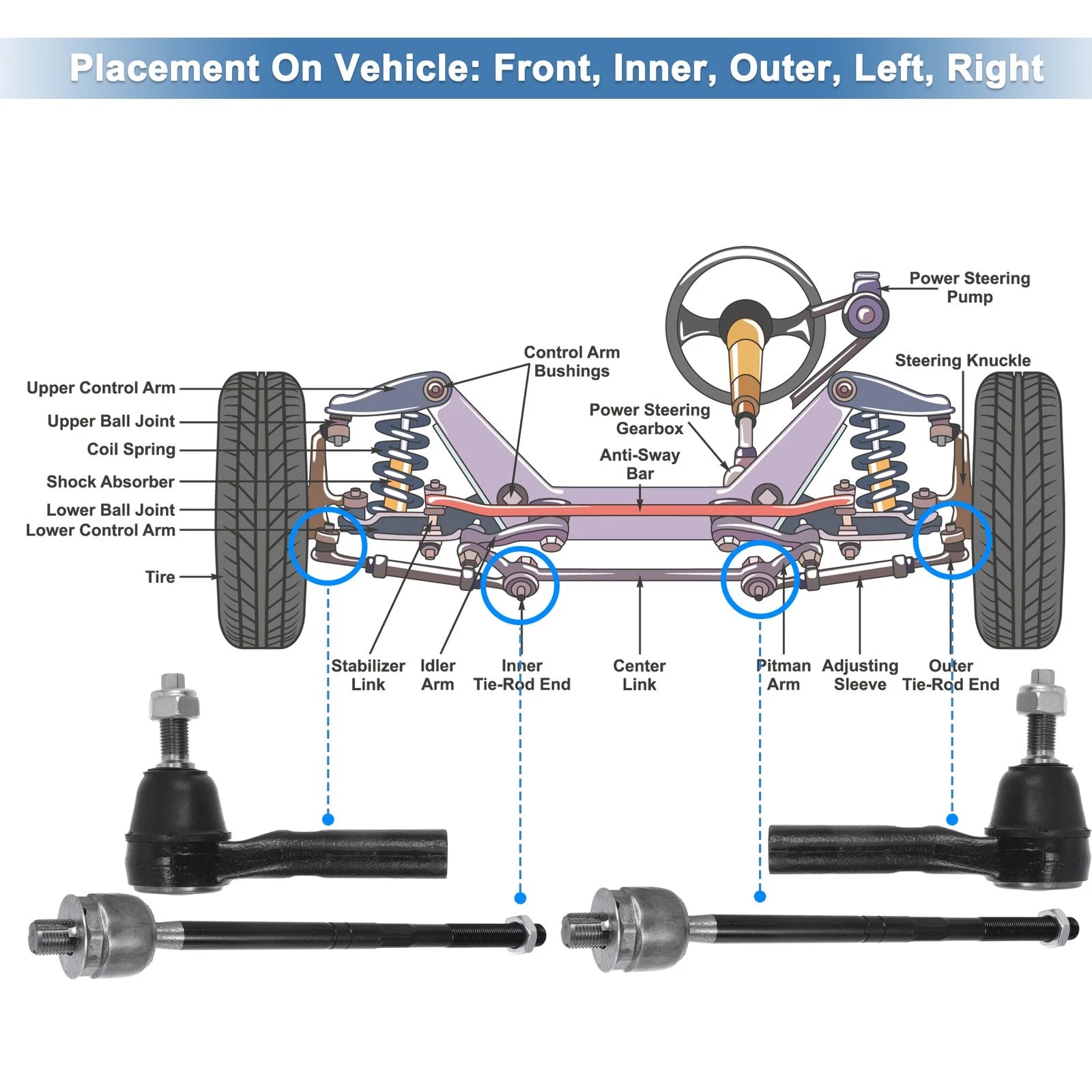 2X Front Outer Tie Rod End Links Kit for Ford Explorer (2006–2010)