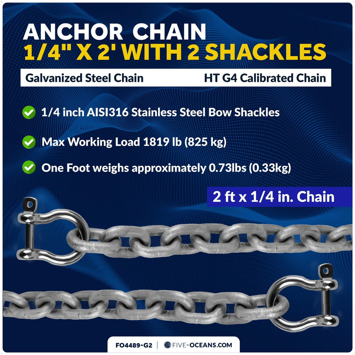 1/4" Boat Anchor Chain with 2 Shackles for Marine Use (Galvanized Steel)