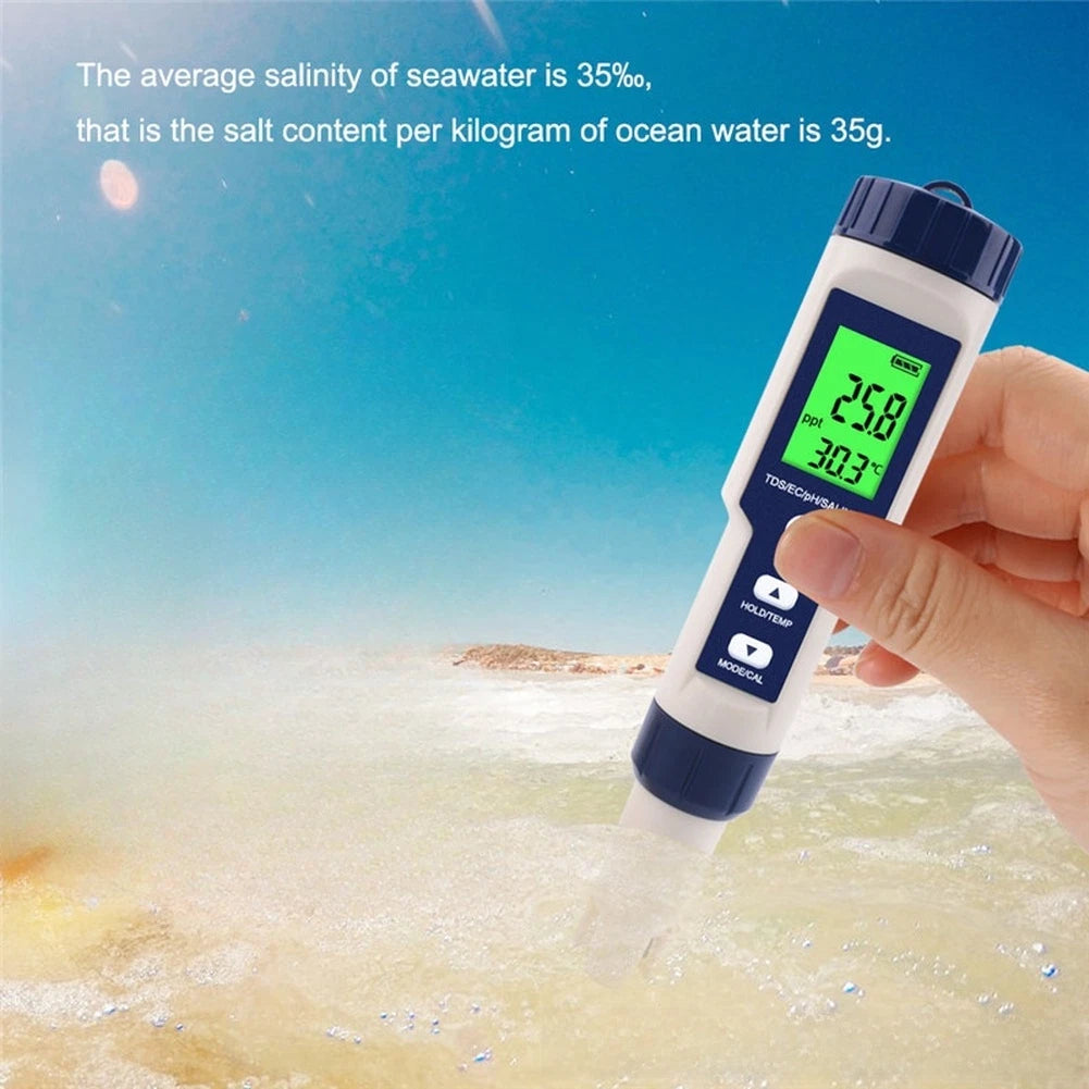 5-in-1 Water Tester Pen for PH Salinity Temperature Measurements
