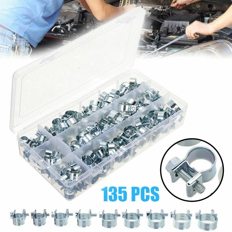 135PC Adjustable Hose Clamps Kit 8-18mm for Various Applications