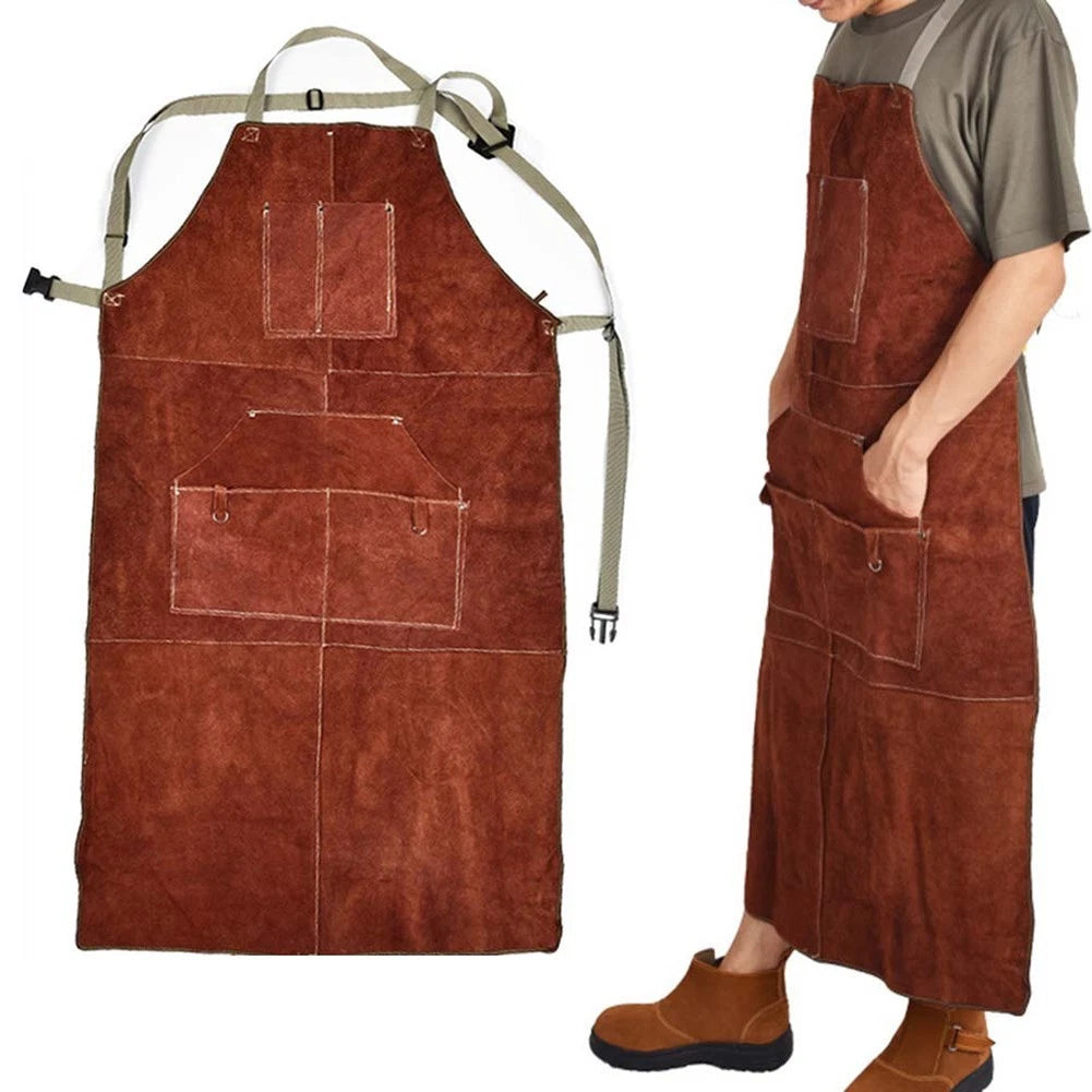 Welding Apron in Cowhide Leather with 6 Pockets for Safety and Comfort