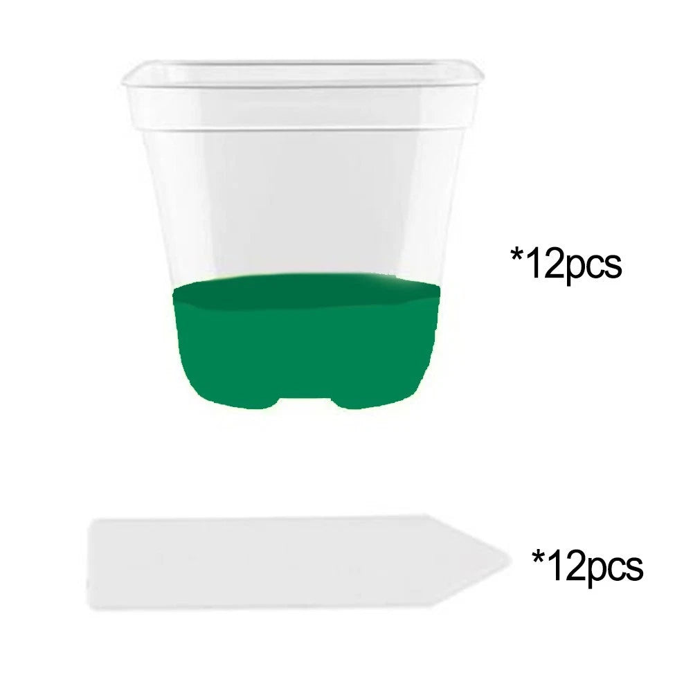 12X Reusable Clear Plant Pots with Drain Holes and Labels