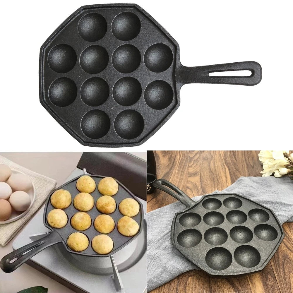 12-Cavity Cast Iron Takoyaki Pan for Even Heat Baking Performance