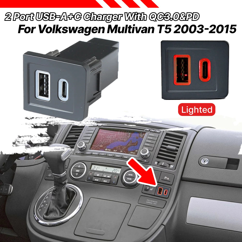 Right Side Switch Button USB-C PD + USB-A QC3.0 Charger for Multivan T5 (2008–2015)