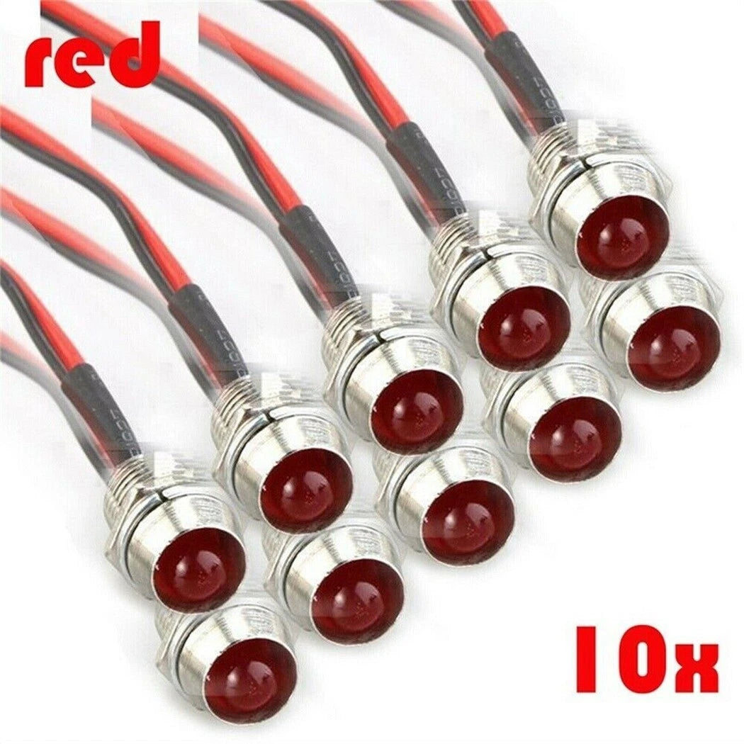 10 Pack 8mm Red LED Indicator Lights for Automotive 12V DC