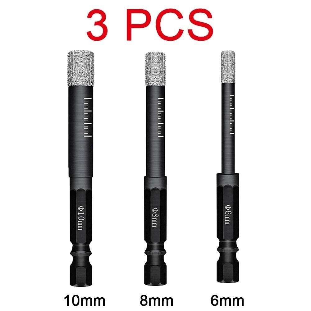 Set of 3 Diamond Tipped Dry Drill Bits for Porcelain Tile Ceramic Marble (6mm, 8mm, 10mm)