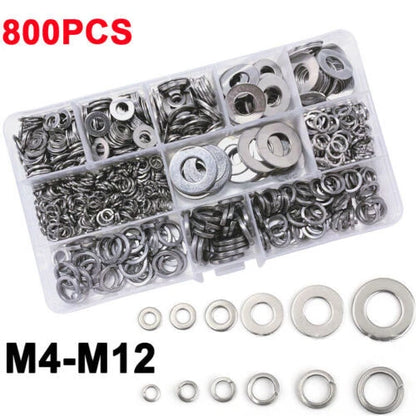 Set of 800 Flat & Spring Washers for M4-M12 Stainless Steel Assortment
