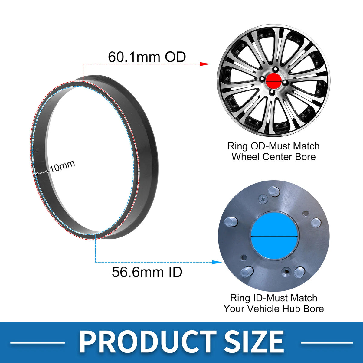 Set of 4 Hub Centric Rings 60.1mm to 56.6mm Black Polycarbonate