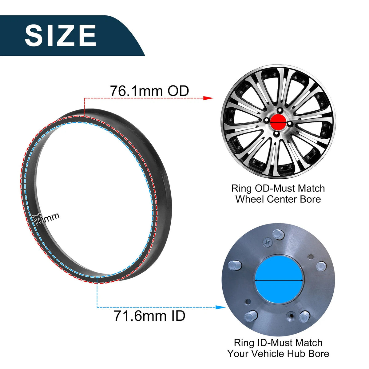 Set of 2 Wheel Hub Centric Rings for Car (OD 76.1mm ID 71.6mm) Black Polycarbonate