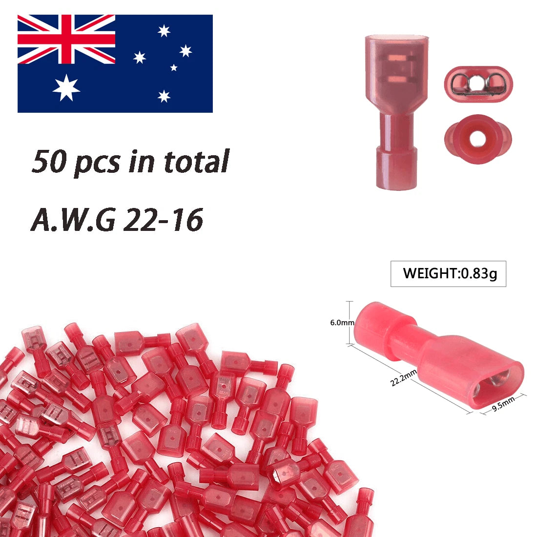 50pcs Red Nylon Female Crimp Spade Terminal Quick Disconnect Connector