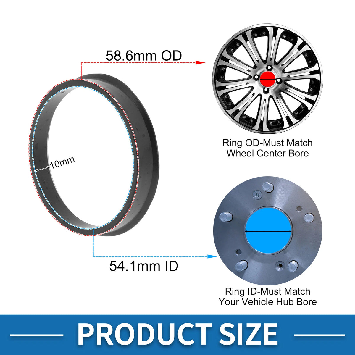 Set of 4 Wheel Hub Centric Rings for Car (58.6mm to 54.1mm) Black Polycarbonate