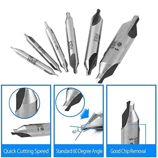 6PCS Center Drill Countersink Bit Set for Lathe Mill (High Speed)