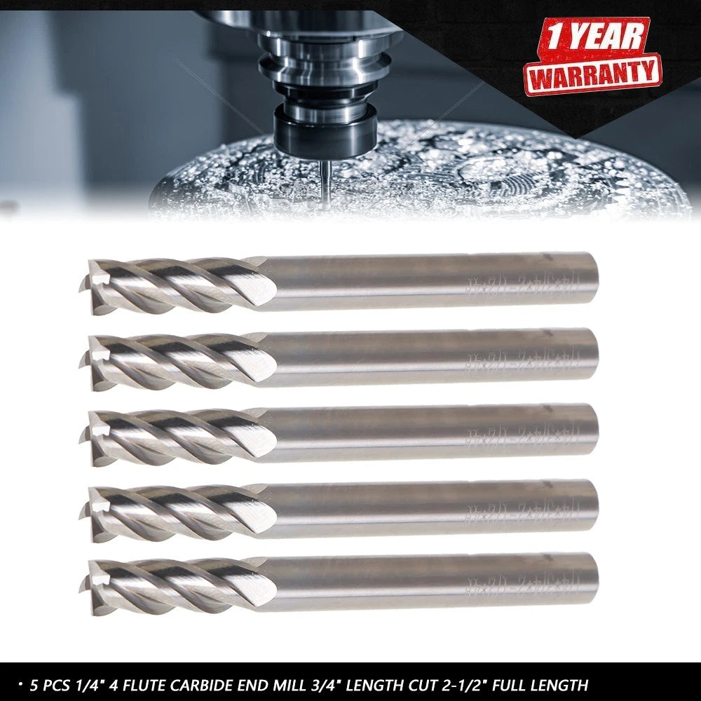 5 PCS 1/4" 4 Flute Carbide End Mill for