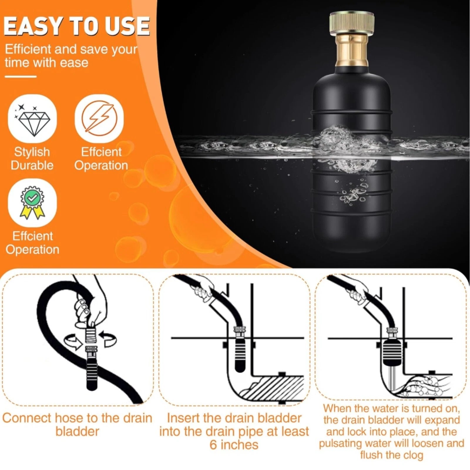 Drain Cleaning Bladder for Clogged Sewer Pipe Garden Hose Tool