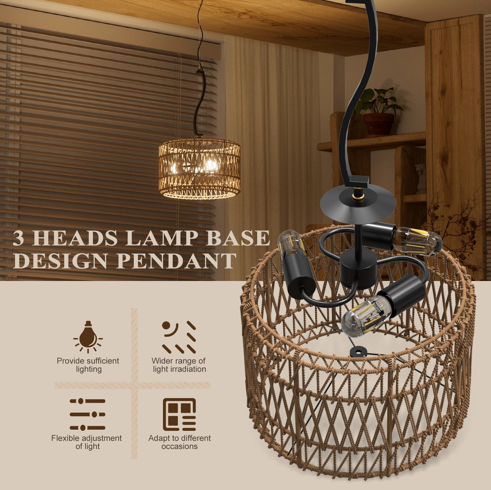 3-Light LED Pendant Light Fixture for Boho Rattan Style
