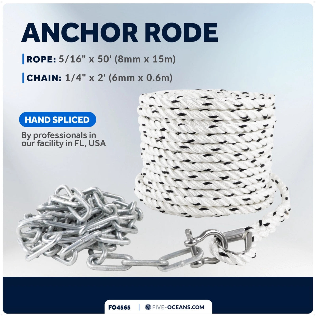 3/16" x 50' Nylon Rope with 1/4" x 2' Galvanized Steel Chain for Marine Use