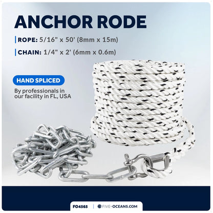 3/16" x 50' Nylon Rope with 1/4" x 2' Galvanized Steel Chain for Marine Use