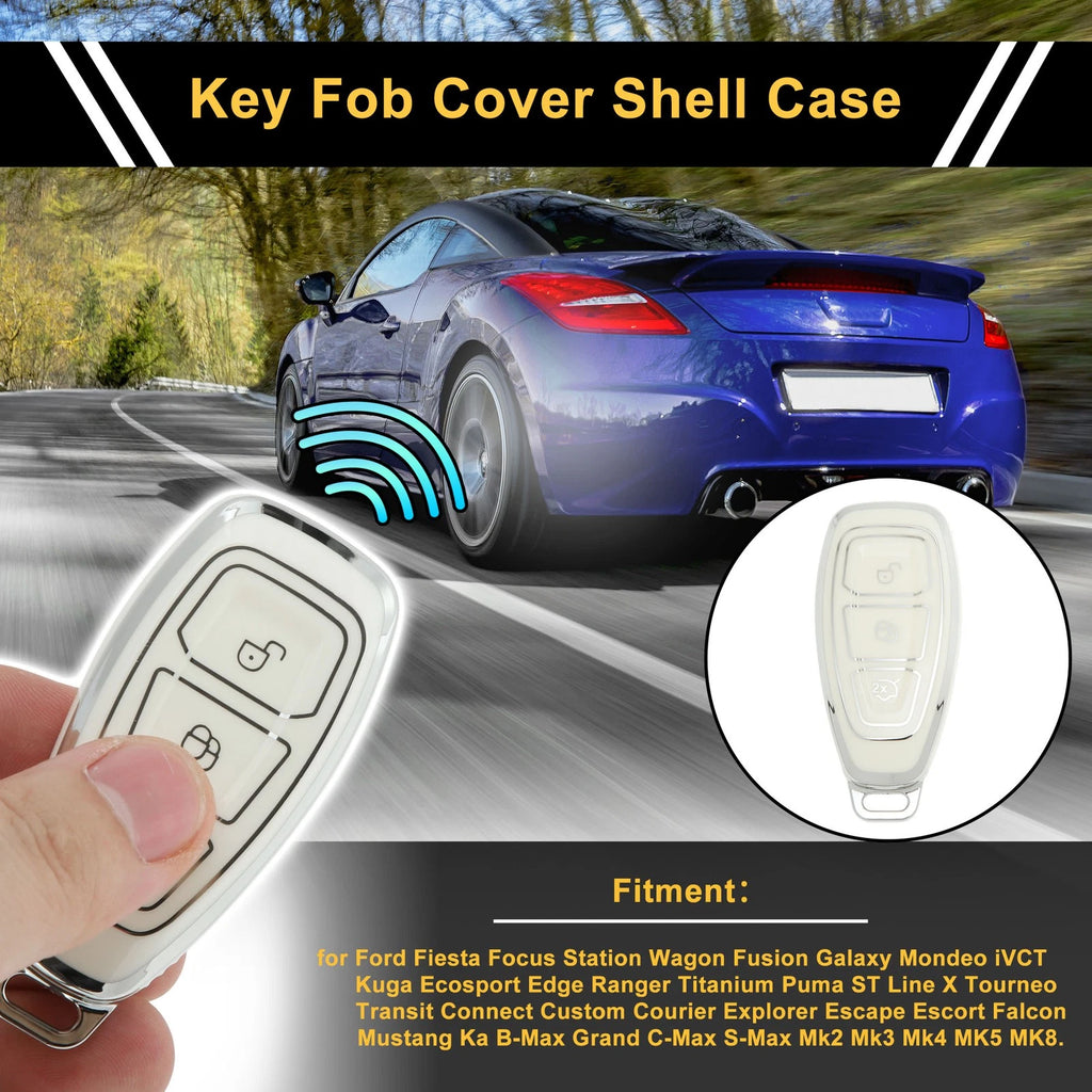 TPU Silicone Key Case for Ford Fiesta Focus 3 Buttons White Silver Tone (2011–2016)