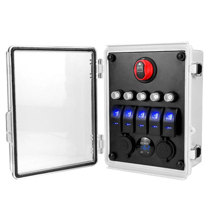 5 Gang Rocker Switch Panel with USB Charger & LED Voltmeter for Universal Use