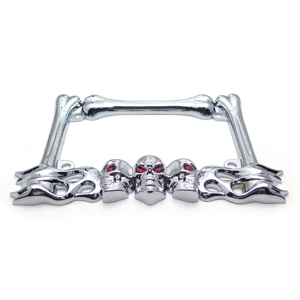 Skull & Flame License Plate Frame for Motorcycle (Chrome)