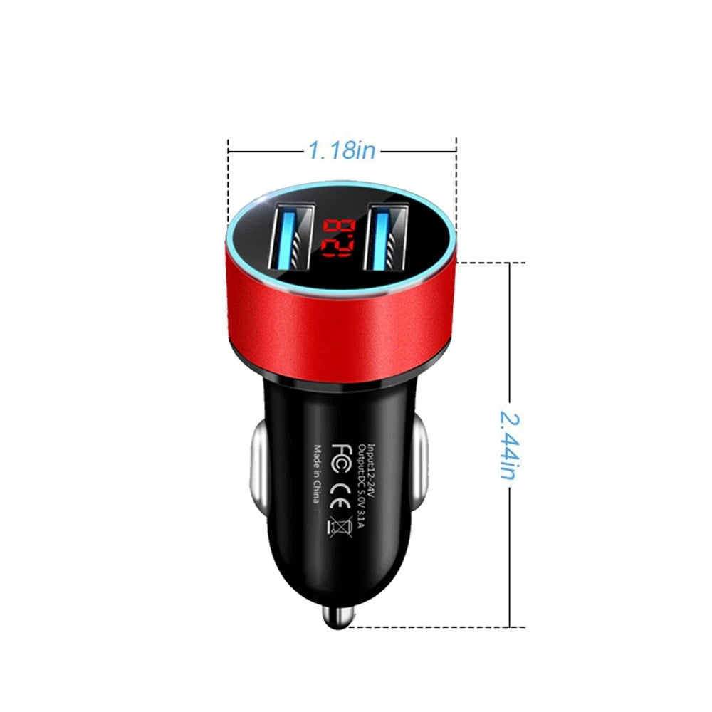 Red Dual USB Car Charger LED Voltage Display Cigarette Lighter Socket 12V-24V