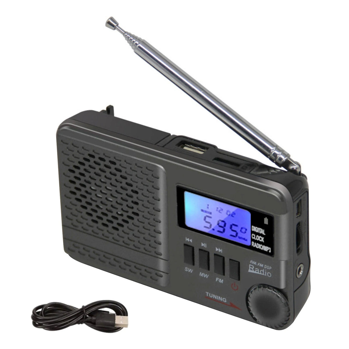 Digital AM FM SW Radio with USB MicroSD MP3 Playback for Portable Use