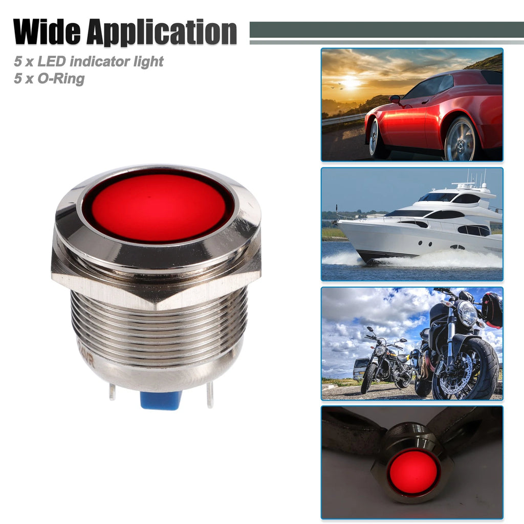 5 Pcs 22mm LED Waterproof Pilot Indicator Signal Light for