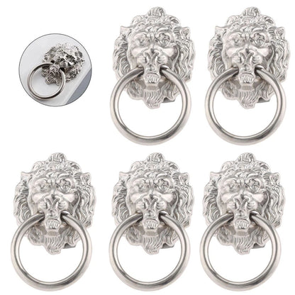 5Pcs Silver Lion Head Door Pull Handle Ring Cupboard Drawer Knob Cabinet Pulls