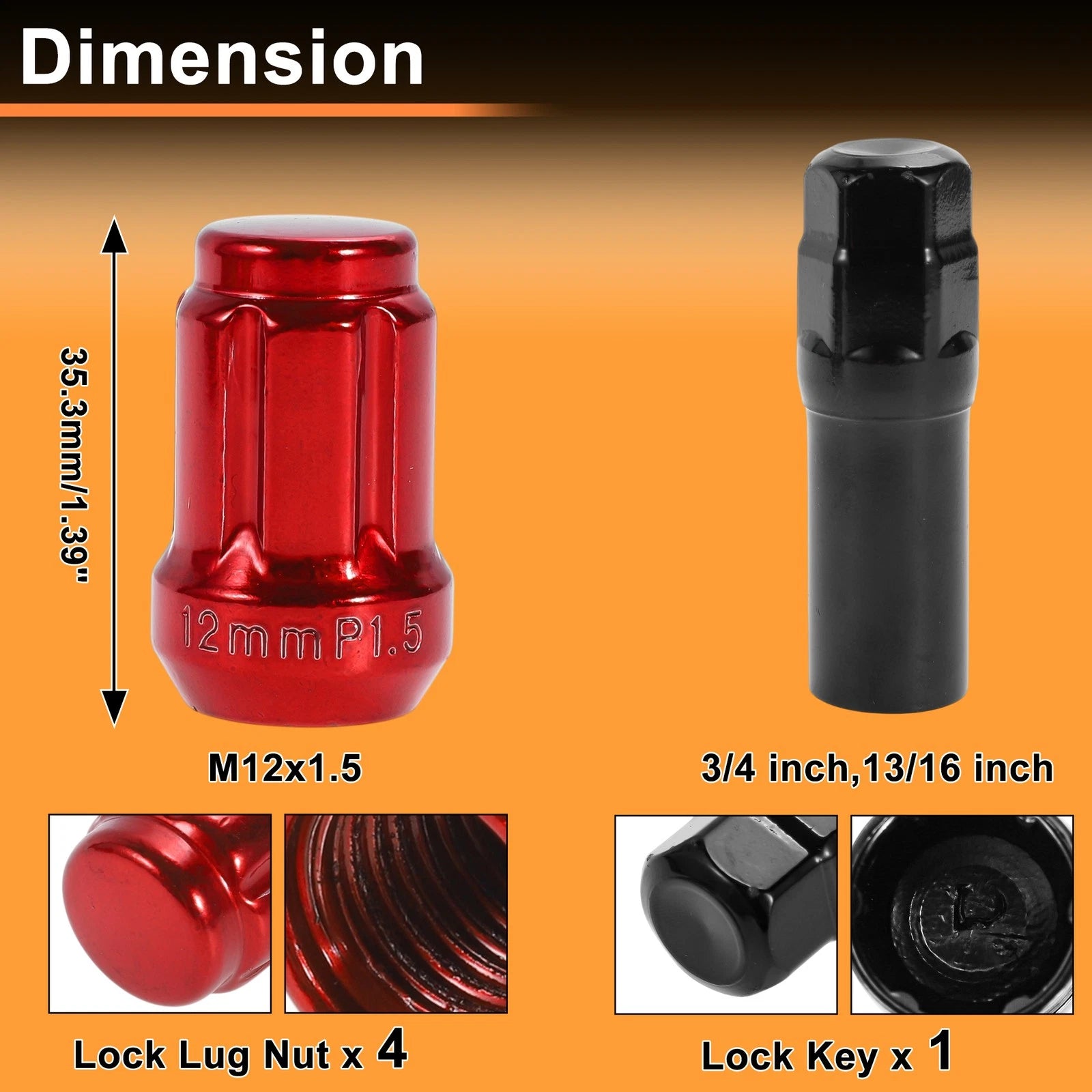 Wheel Locking Nut M12x1.5 with Key and Socket for Honda Toyota (Red) (—)