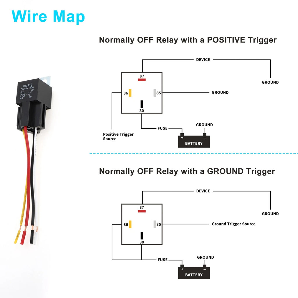 2X Auto Relay 4 Pins 48V 80A with Harness Sockets for Universal Use