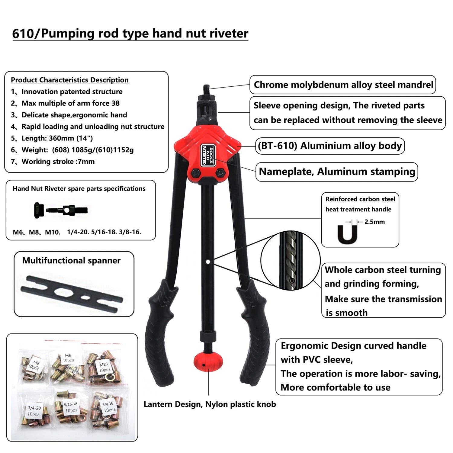 Rivet Nut Gun Kit for Hand Nut Riveter 360mm (14")