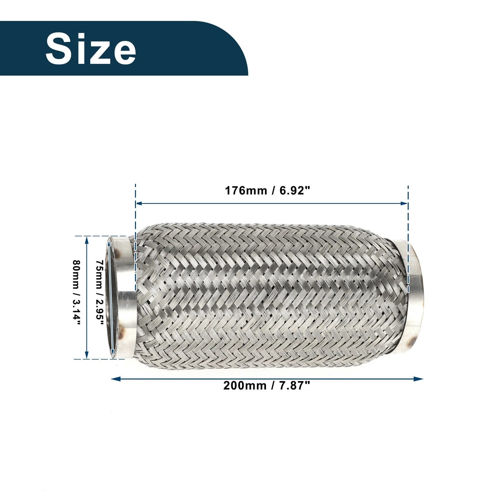 Exhaust Flex Pipe for 3.14 Inch OD, Braided, Silver Tone