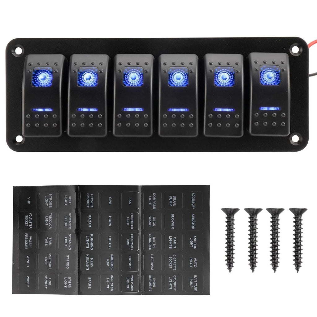6 Gang Rocker Switch Panel for Universal Vehicles (12-24V) - Blue LED, IP65
