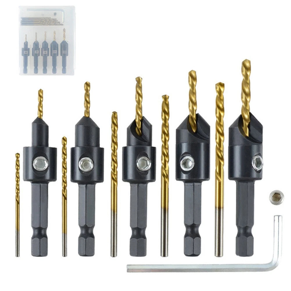 12 Piece Titanium Coated Drill Bit Set for Woodworking Countersink Tasks