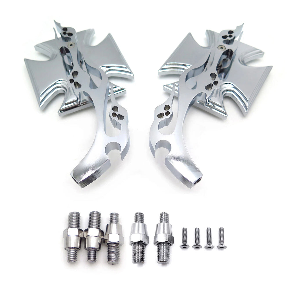 Maltese Cross Flame Chrome Billet Acrylic Mirrors Universal Fit