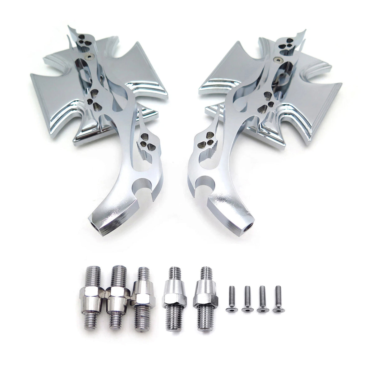 Maltese Cross Flame Chrome Billet Acrylic Mirrors Universal Fit