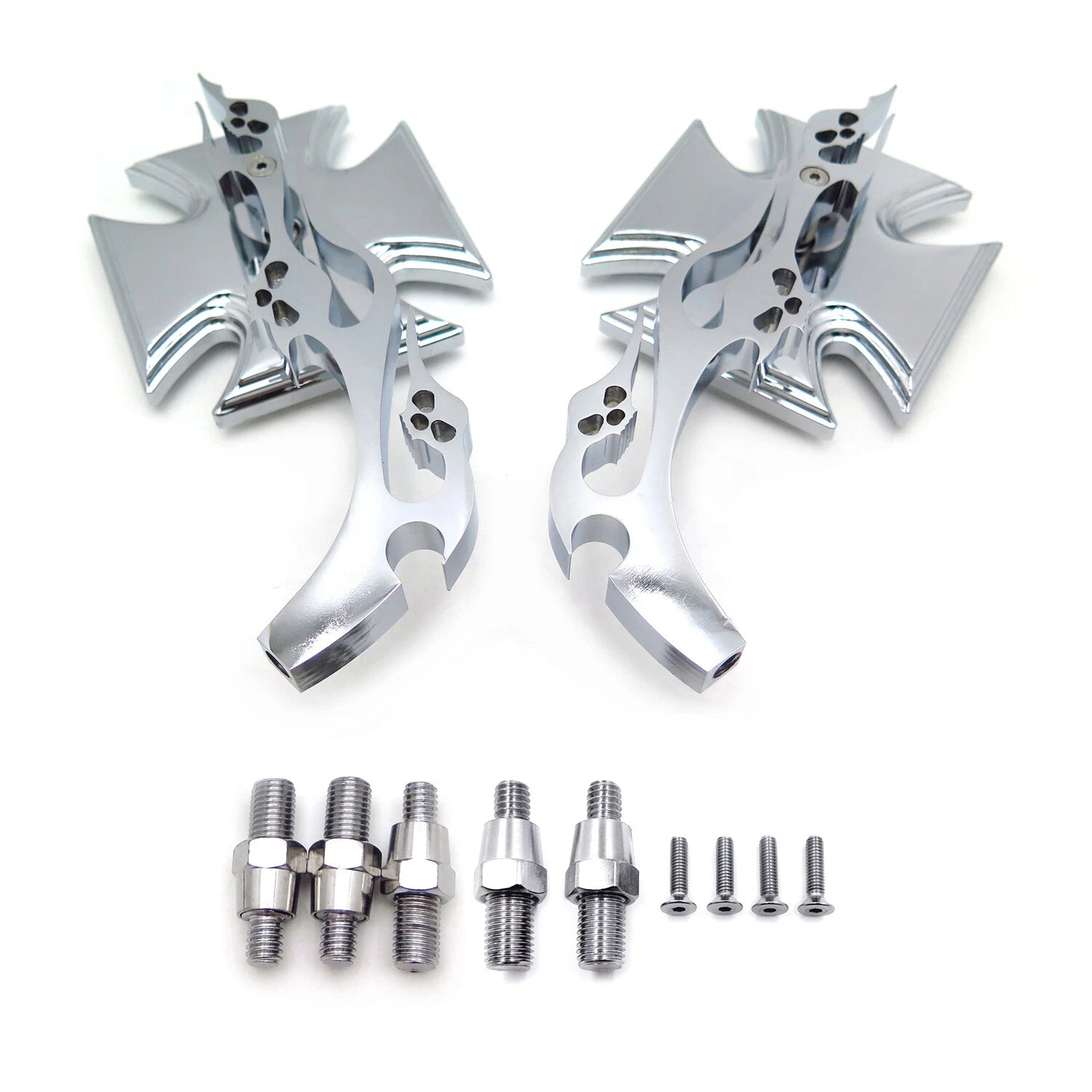 Maltese Cross Flame Chrome Billet Acrylic Mirrors Universal Fit