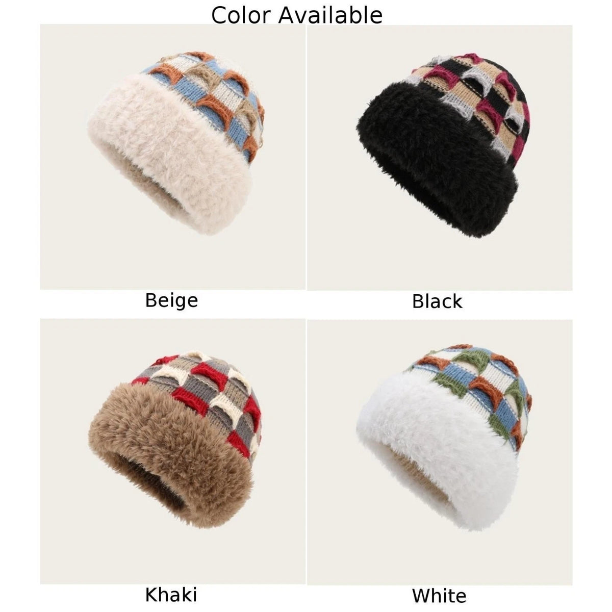 Fleece Winter Beanie Hat for Women - Knitted Color Block Design