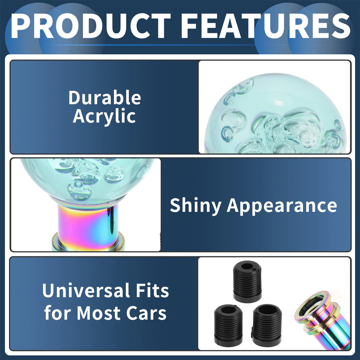 Shift Knob with 3 Adapters for Universal Vehicles (9cm, Light Blue)