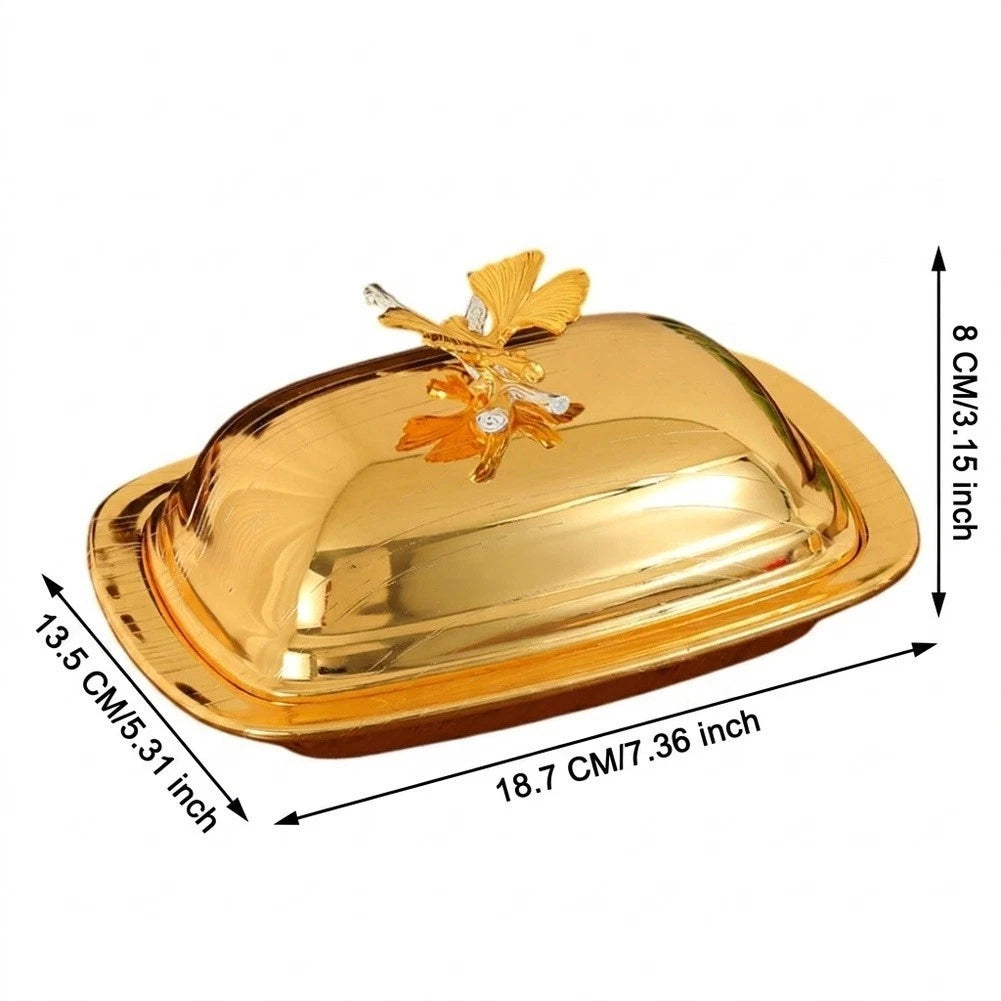Rounded Metal Butter Container with Ginkgo Leaf Pattern Lid for Tabletop Use