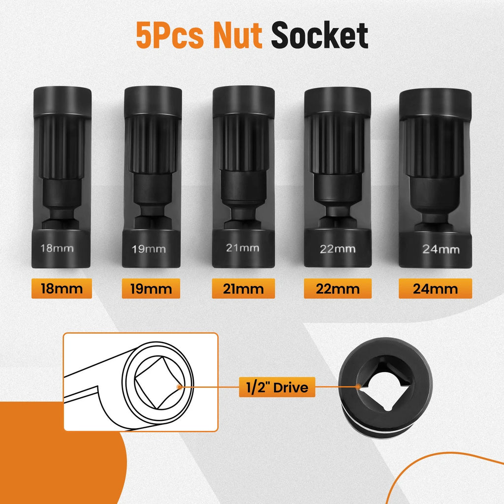 5PCS Strut Nut Socket Set 18mm 19mm 21mm 22mm 24mm 1/2" Drive