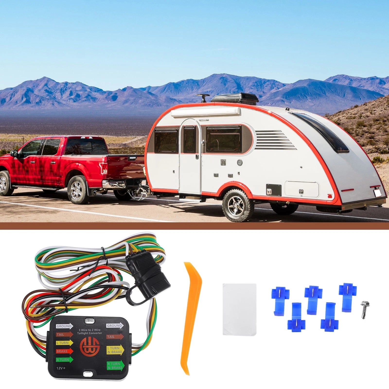 Trailer Tail Light Converter 3-to-2 Wire Splice-in for Universal Car Use (—)