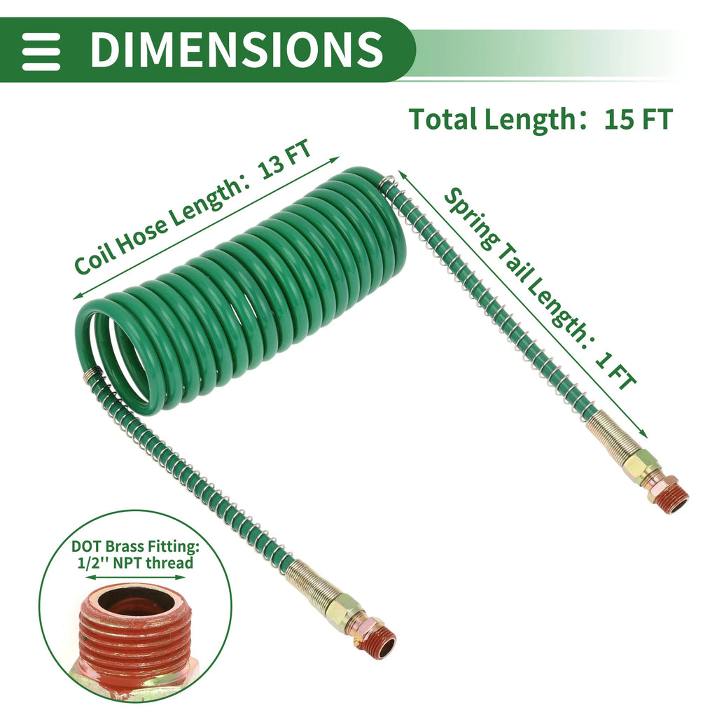 15 Feet Air Brake Hose for (Coiled, Green)