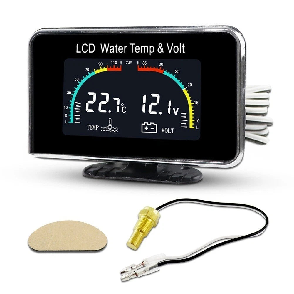 Dual Readout LCD Gauge for Engine Coolant Temp & Battery Voltage (12V 24V)