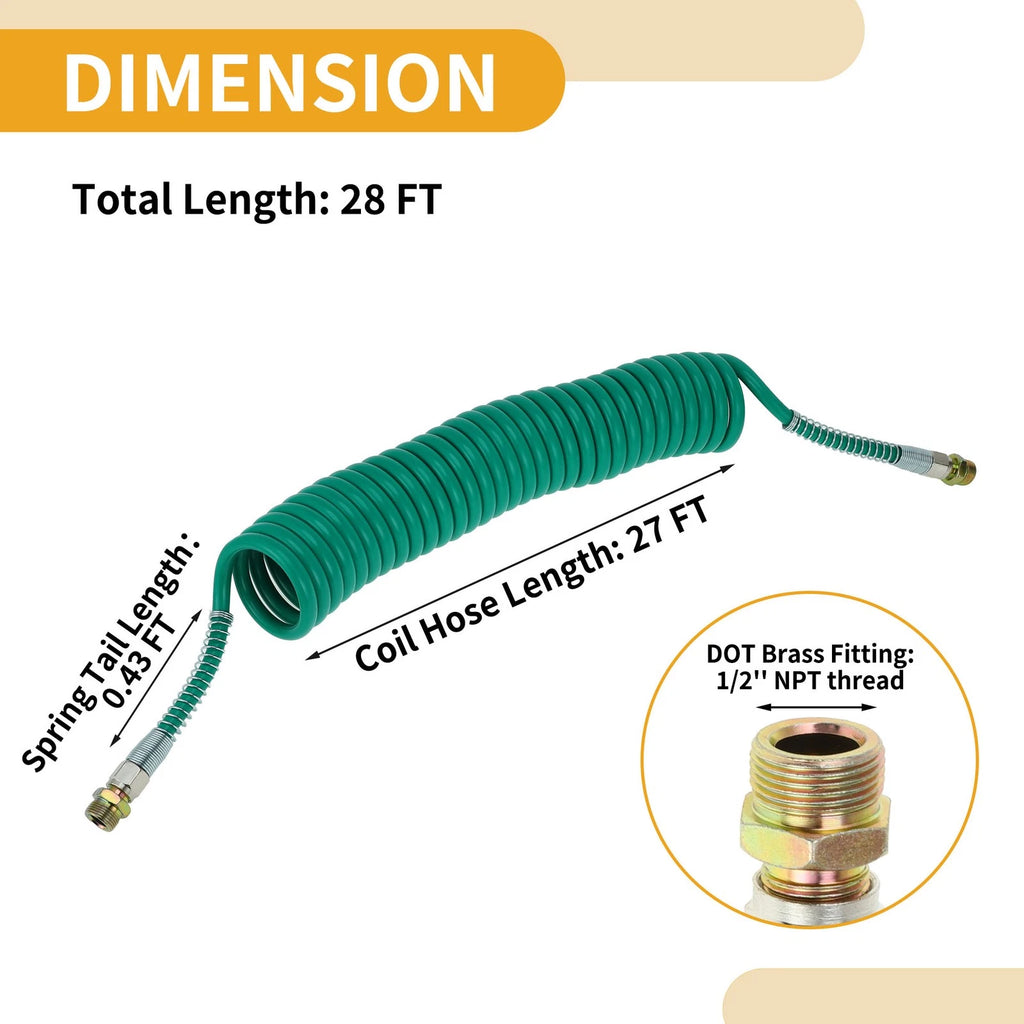 Air Brake Hose for 28FT Coiled Short Tail Line (Nylon, Iron)
