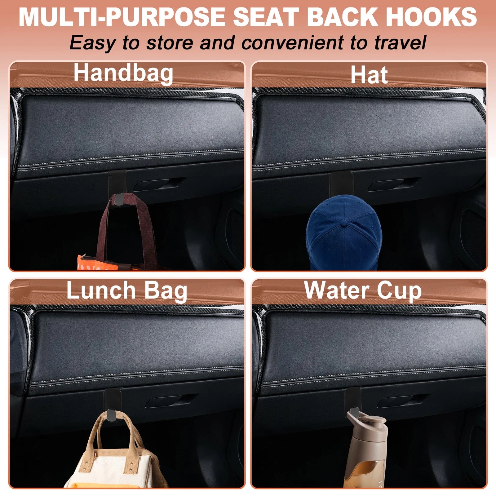 2X Car Seat Headrest Hooks for Universal Fit (Black)