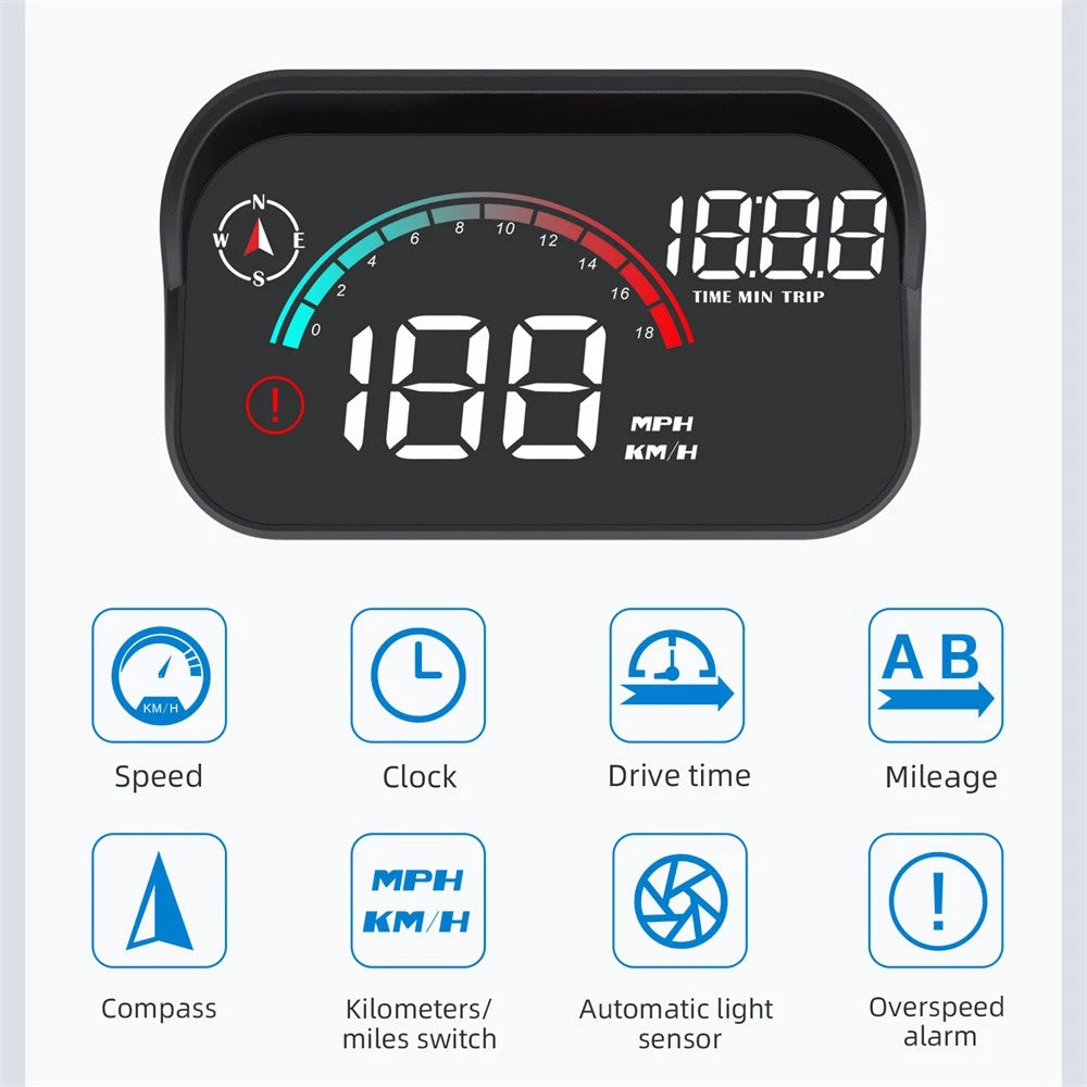 Car GPS HUD Head Up Display Digital Speedometer MPH KMH Compass Overspeed Alarm